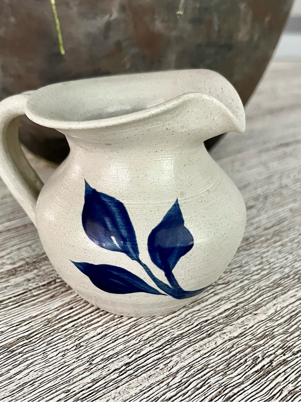 Vintage Williamsburg Pottery Painted Ceramic Pitcher with Blue Leaf